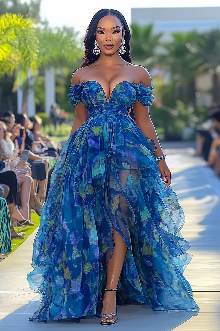 Off Shoulder Abstract Print Cinch Waist Maxi Dresses-Blue [Pre Order]
