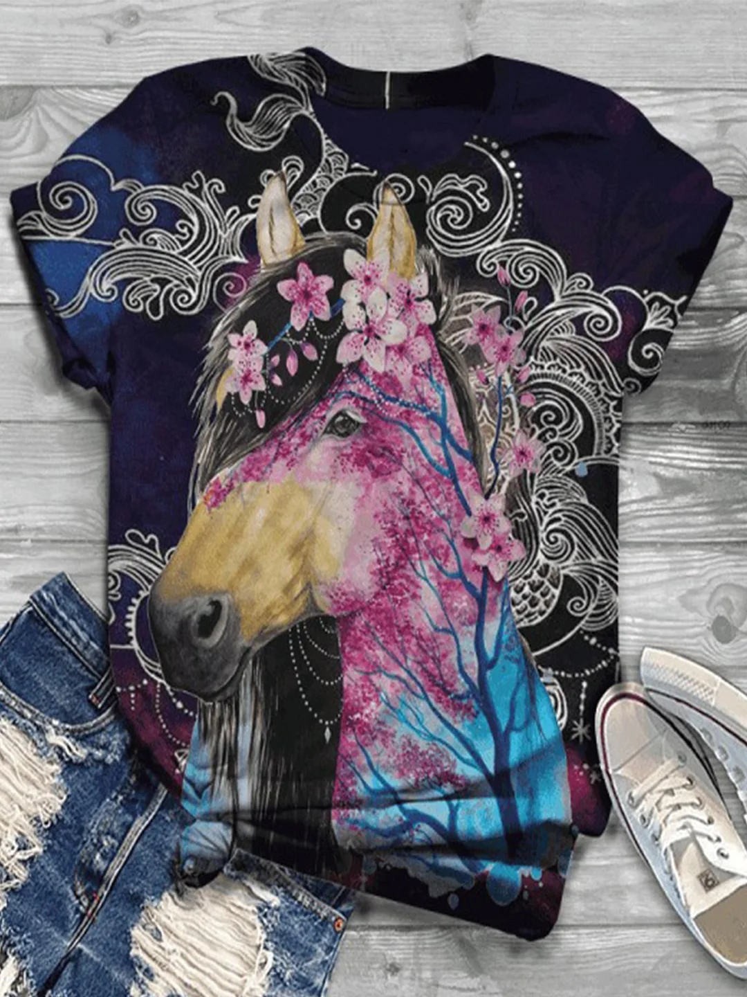 Vintage Short Sleeve Statement Horse Floral Printed Crew Neck Plus Size Casual Tops