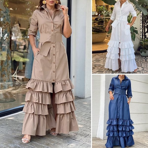 Women Long Sleeve Solid Color Spring Fall Lapel Shirt Dress Casual Slim Button Up Ruffle Maxi Dress Holiday Pleated Long Dresses - BlackFridayBuys