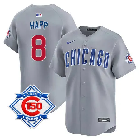 Men's Chicago Cubs #8 Ian Happ Grey Nike Road Vapor Limited 150th Anniversary Authentic Lettering Jersey