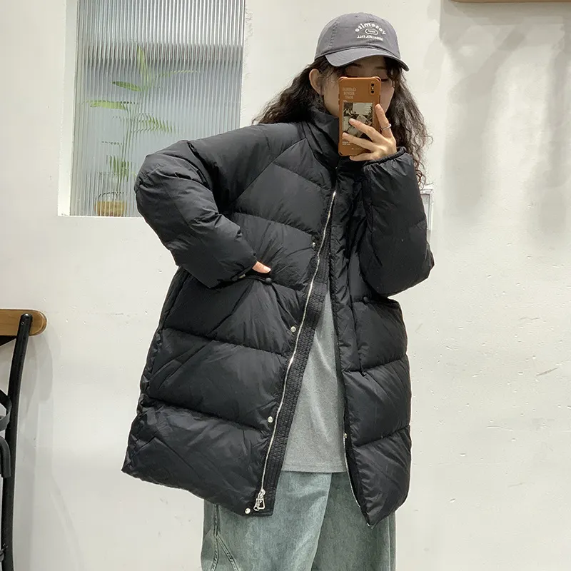 Uveng Pinghu Down Jacket Female 2024 Winter New Thickened Stand Collar Long Button Warm White Duck Down Coat Tide