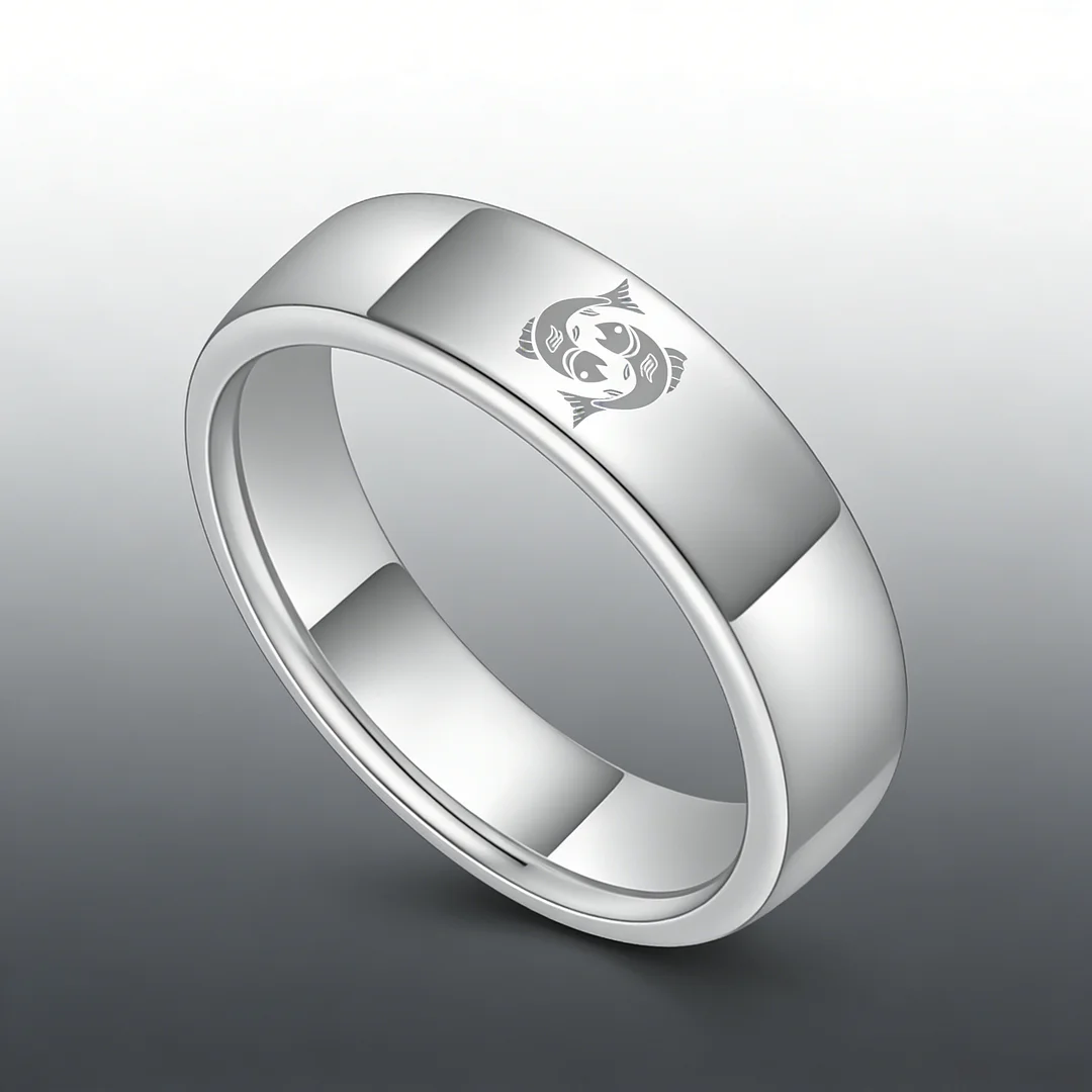 Pisces Tungsten Carbide Rings Sliver Flat Wedding Bands Comfort Fit Mens and Womens 4MM 6MM 8MM Width