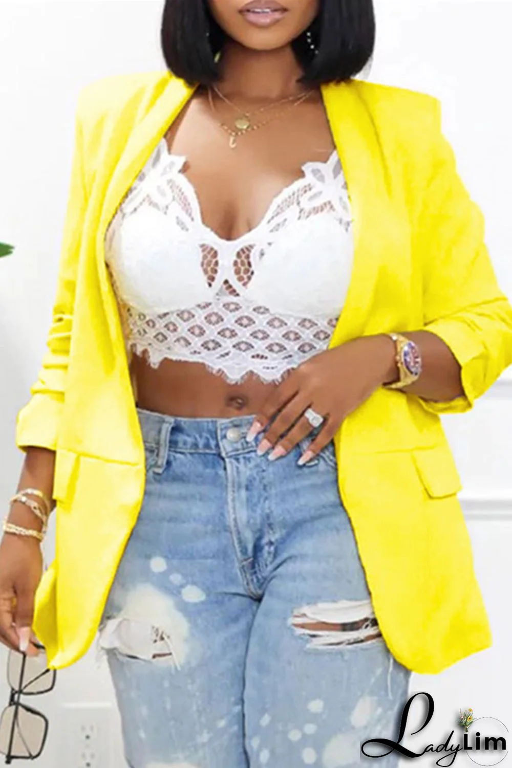 Green Fashion Casual Solid Patchwork Cardigan Turn-back Collar Outerwear