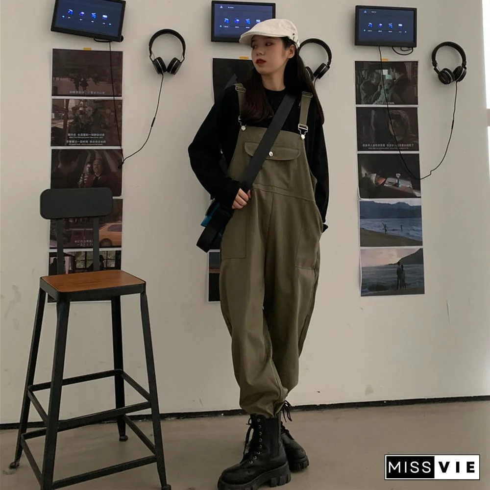 Cool Loose Pure Color Shirt Overalls Set