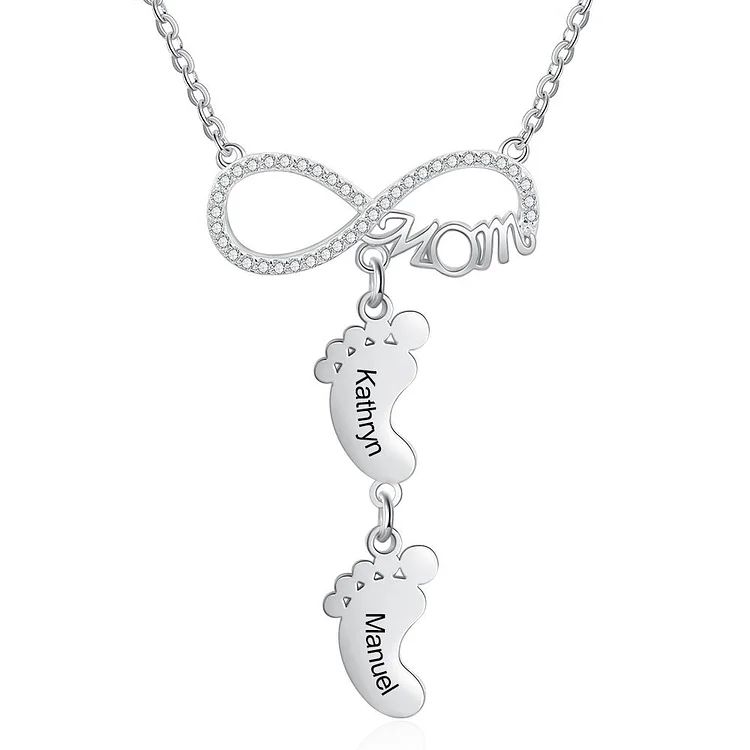 Infinity Baby Feet Necklace Mother Necklace with 2 Kid's Names Gifts for Her