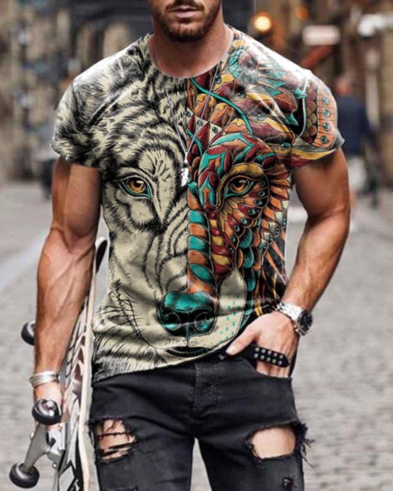 Slim-fit Short-sleeved Fox Asymmetrical Pattern Casual T-shirt