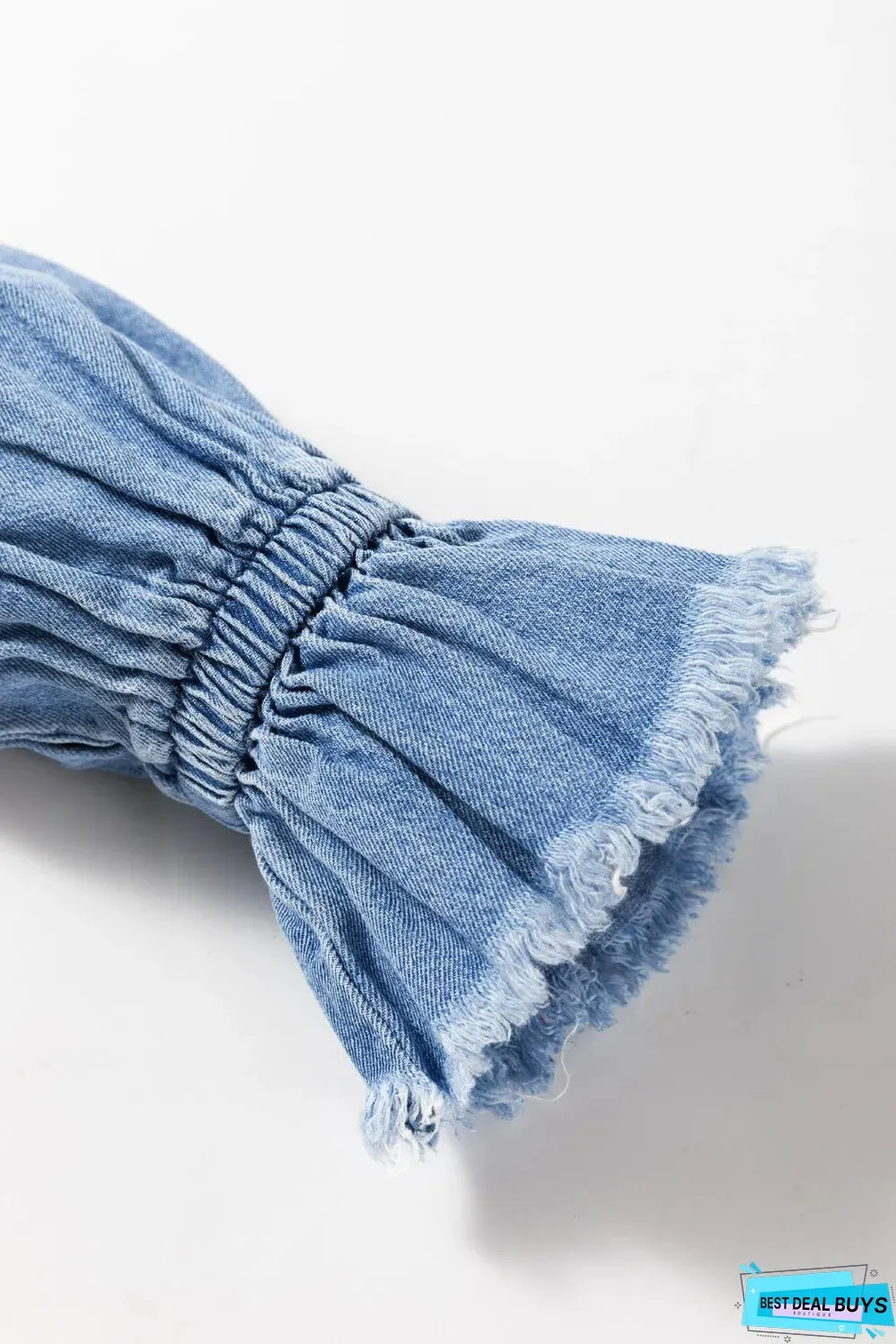 Sky Blue Frilled Raw Hem Half Buttoned Denim Top