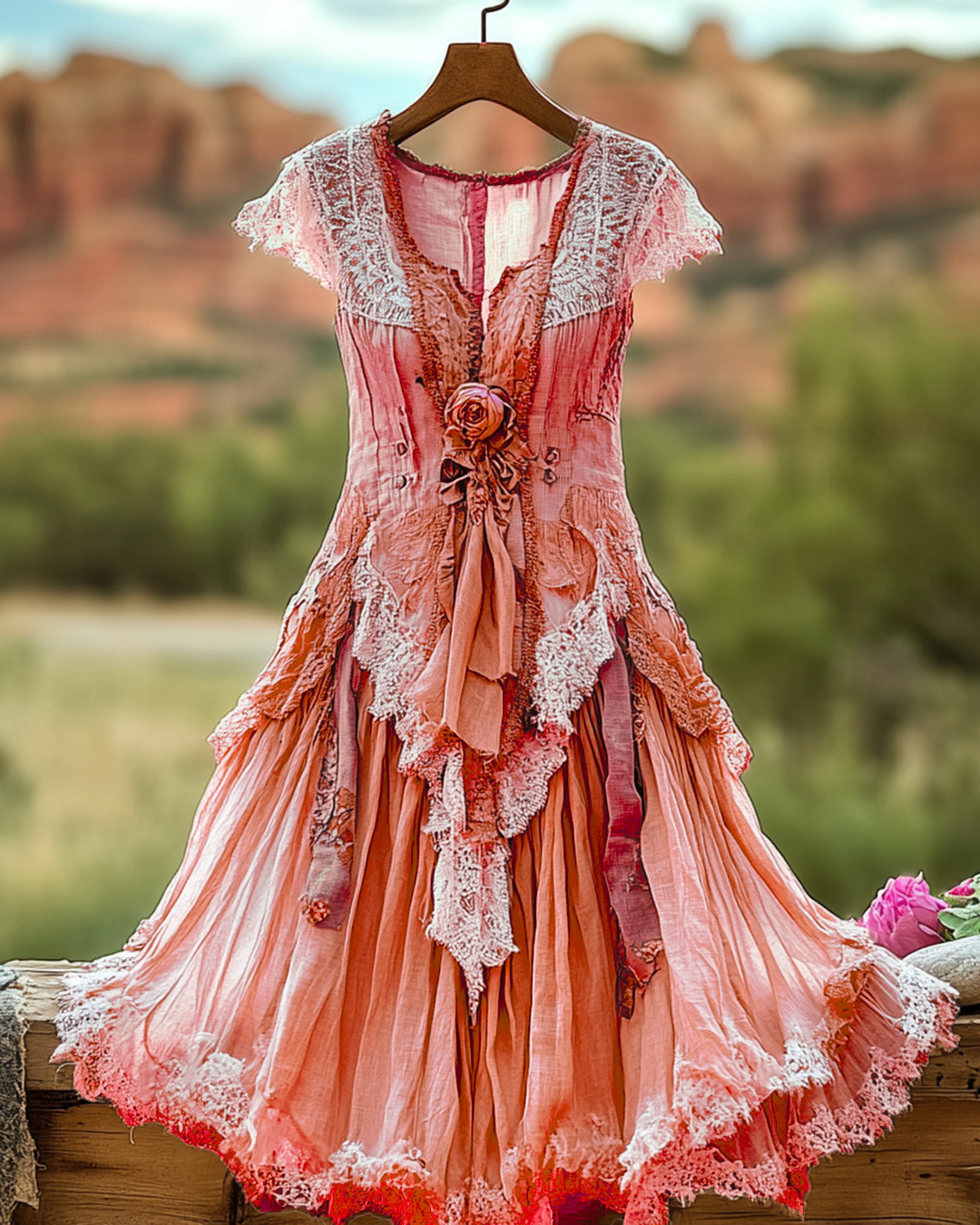 Summer Vintage Floral Lace Patchwork Orange  Dress