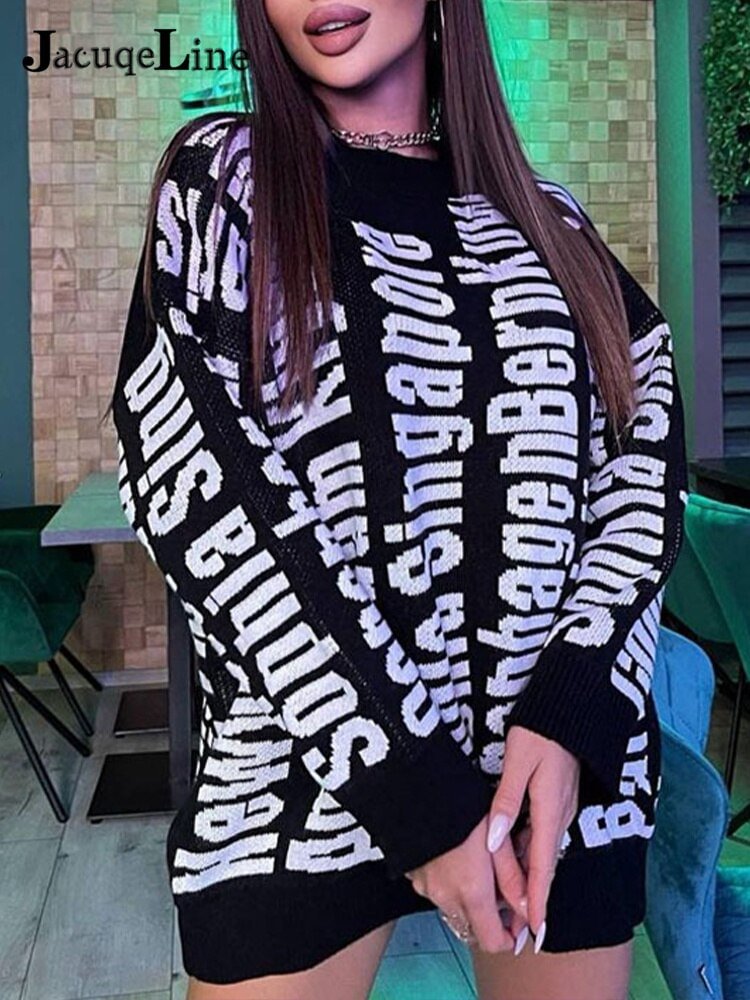 Jacuqeline 2022 Letter Knitted Oversize Women Dress Sweater Y2K Fashion O Neck Long Sleeve Mini Party Dresses  Autumn Winter