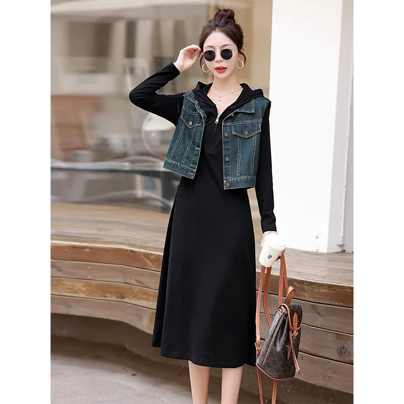 Toloer Toloer Vest With Black Hooded Dress Women's 2024 Summer New Casual Foreign Fashion Dress Two Sets-Outfit Ideas
