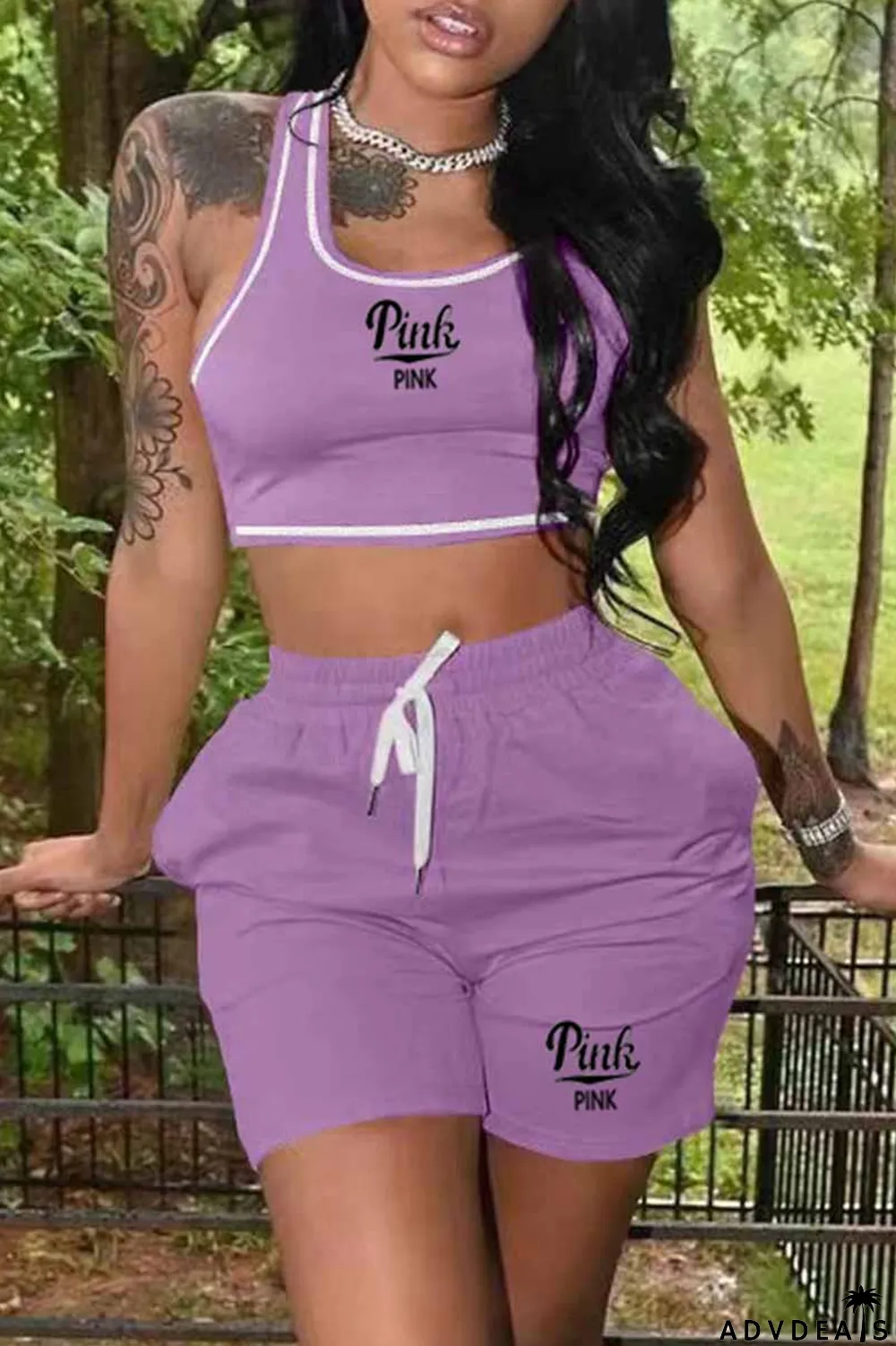 Blue Casual Print Letter U Neck Sleeveless Two Pieces