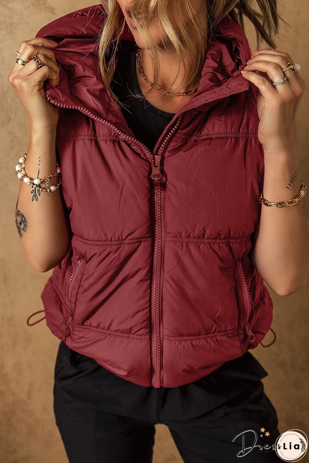 Zip-up Side Pockets Hooded Puffer Vest