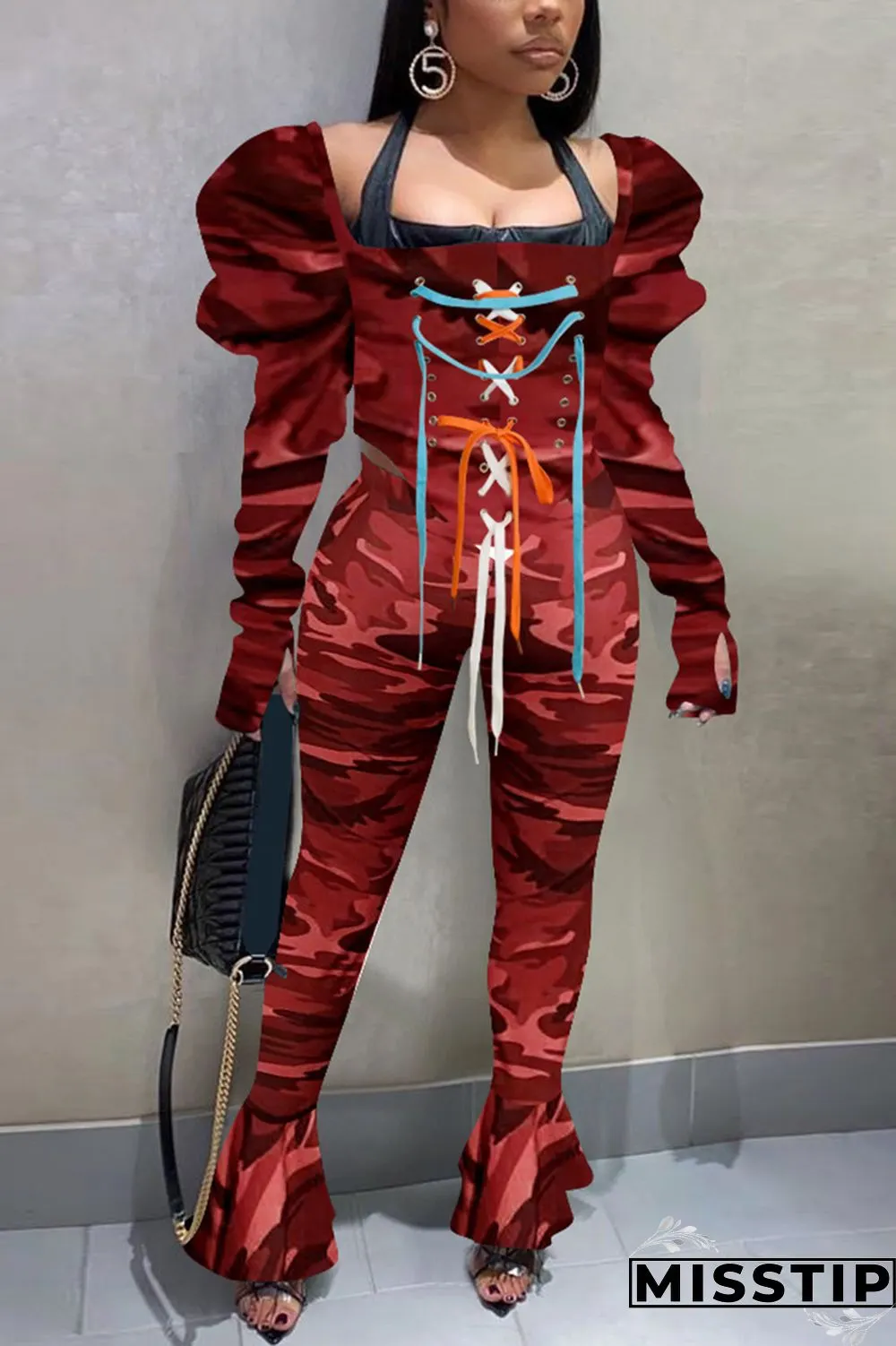 Deep Blue Sexy Casual Camouflage Print Strap Design Square Collar Long Sleeve Two Pieces