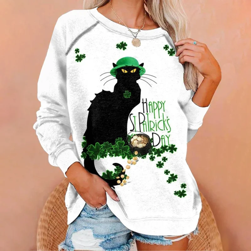 Cat Green Hat Clover St. Patrick's Day Round Neck Casual Sweatshirt