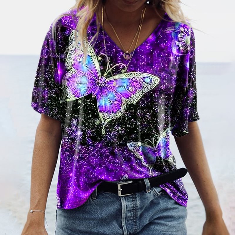 Designer butterfly V-neck short-sleeved graphic tees