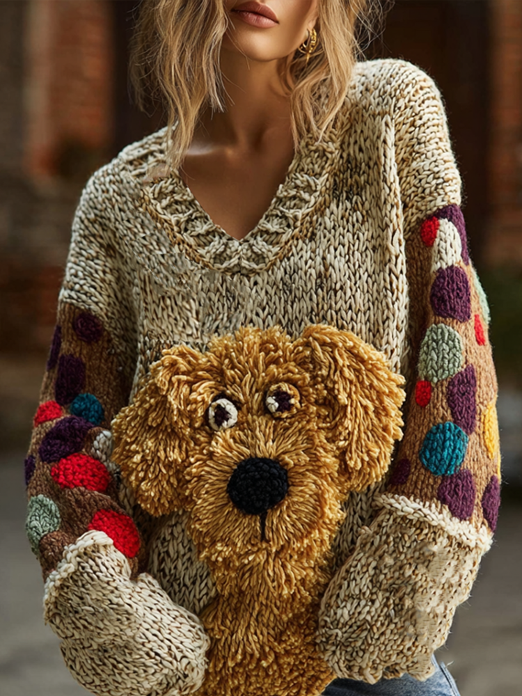 Lady Retro Cute Dog Plush Comfortable Knitted Sweater.