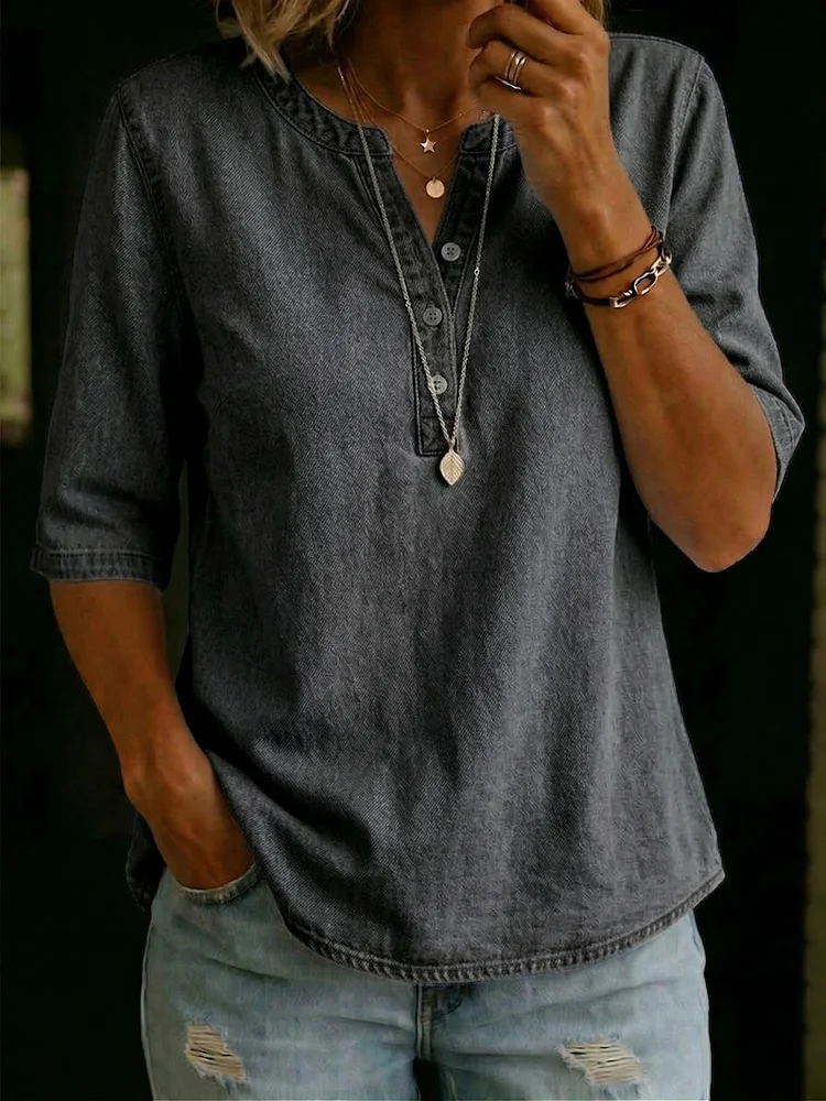 Casual & Cozy Classic Henley Denim Shirt