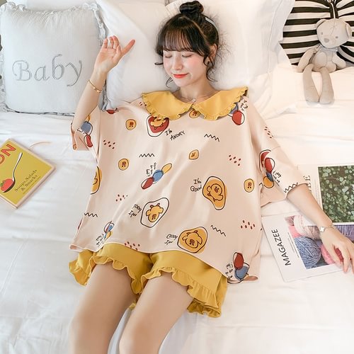 Uveng Sets Women Cartoon Loose Summer Short Sleeve Sleep Tops Shorts Casual Sleepwear Cute Lounge Wear Comfort Plus Size 4XL