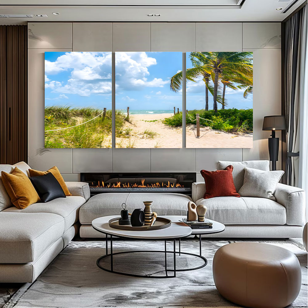3-Piece Set Palm Sandy Path To Beach Canvas Art