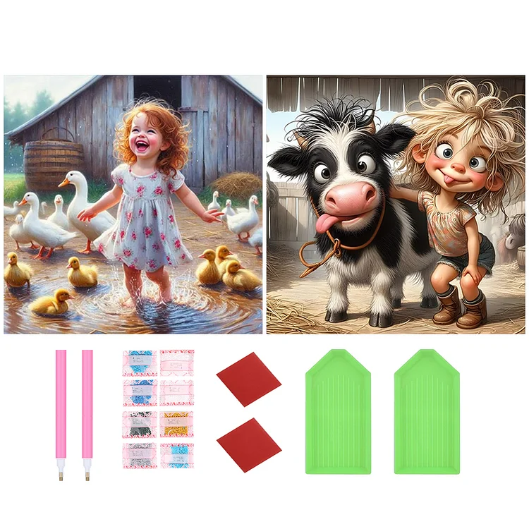 2Pcs Farm Child - Full Round Drill Diamond Painting - 30*30CM(Canvas)