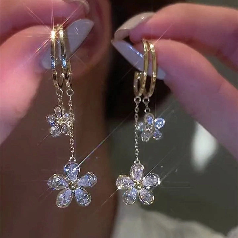 1 Pair Minimalist Flower Copper Enamel Rhinestones Drop Earrings Ear Studs