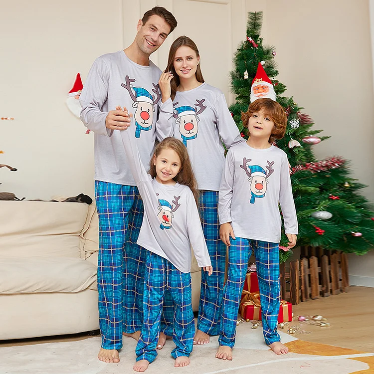Blue Plaid Moose Cartoon Print Christmas Family Matching Pajamas Sets