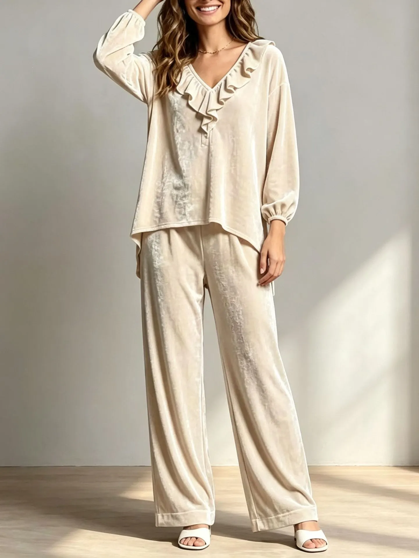 Women's Ruffle V Neck Long Sleeve Top Wide Leg Pants 2 Piece Outfit