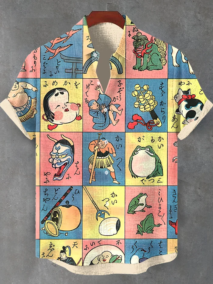Men's Colorblock Japanese Folk Art Hannya Print Short Sleeve Shirt