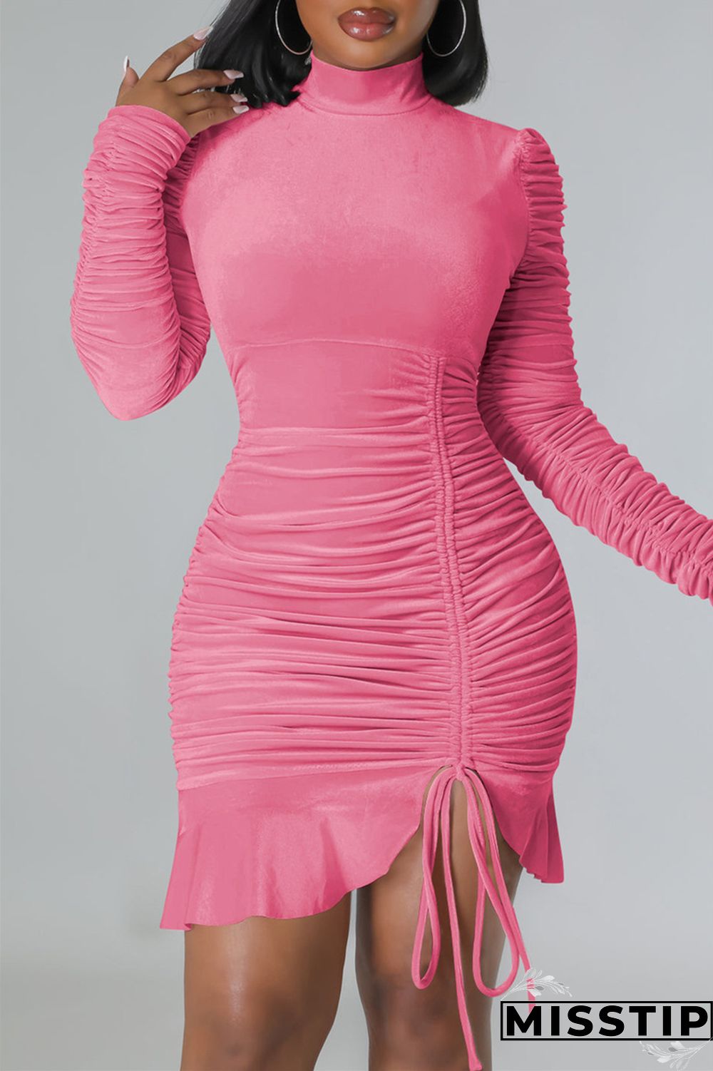 Pink Casual Solid Draw String Frenulum Fold Turtleneck Long Sleeve Dresses