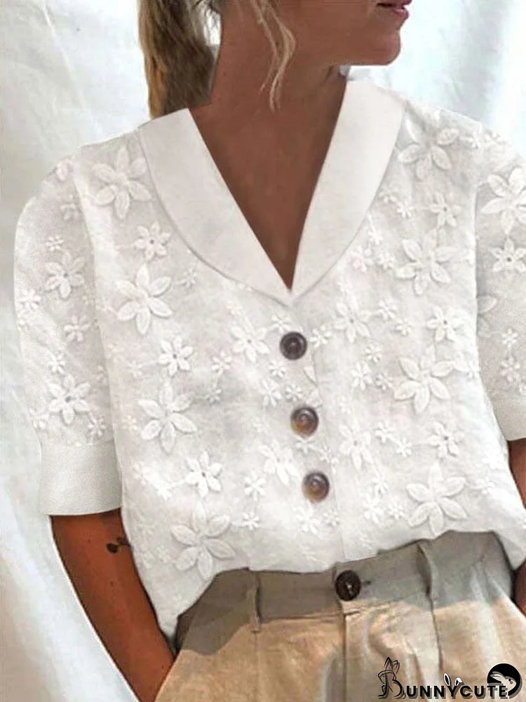 Women's Cotton Linen Lace Lapel Button Down Short Sleeve Shirt