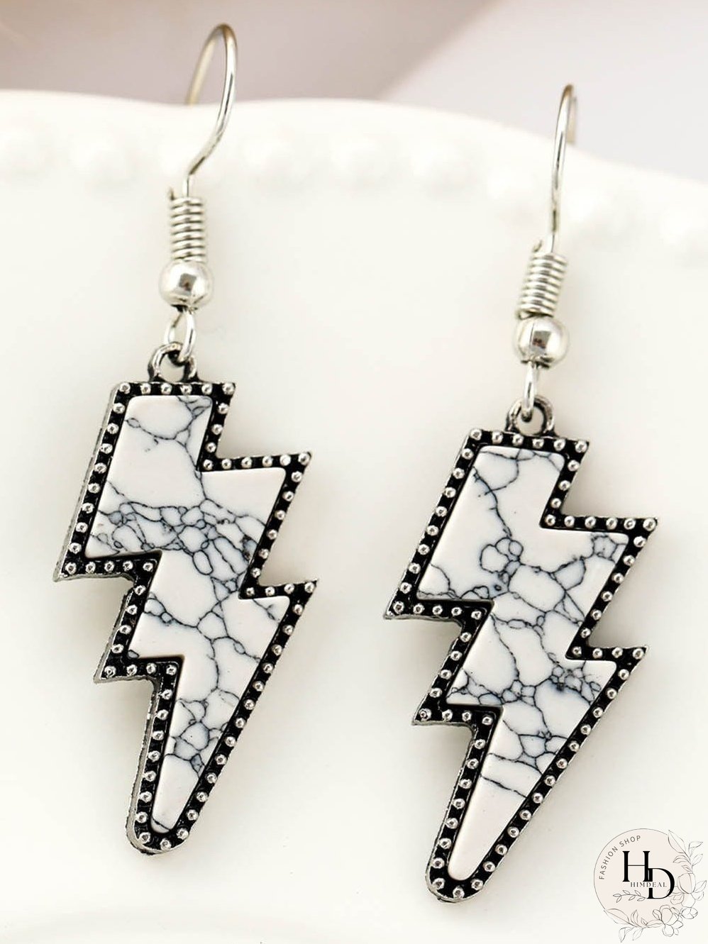 Lightning Bolt Earrings with Vintage White Marble Texture