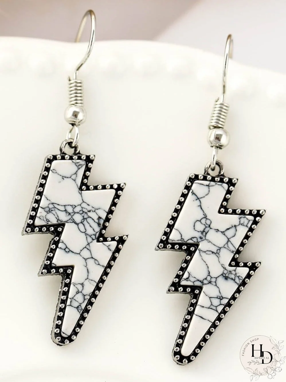 Lightning Bolt Earrings with Vintage White Marble Texture