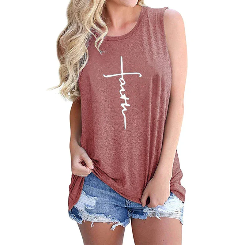 Ladies Vest Faith Letter Printing Round Neck Sleeveless T-Shirt