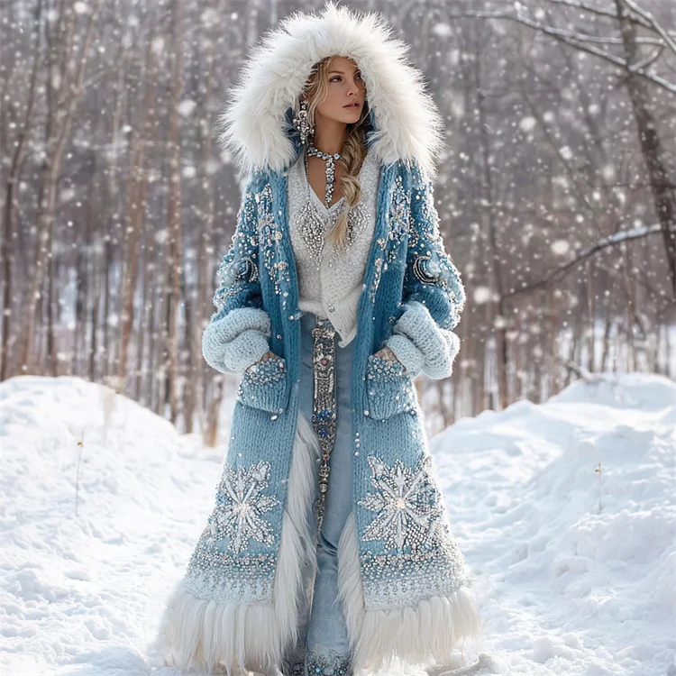 Vintage Snowflakes Beaded Gradient Fur Trim Cozy Long Cardigan