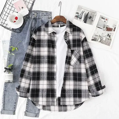 Plaid Shirts Womens Blouses And Tops Long Sleeve Female Casual Print Shirts Loose Cotton Checked Outwear Lady Spring Clothing