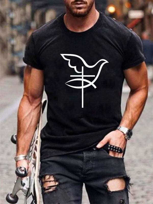 Cross Peace Pigeon Cotton Crew Neck T-Shirt