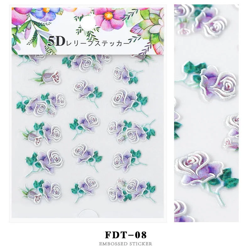 Nail Stickers Embossed 5D Flowers Leafs Designs Back Glue Nail Decals Decoration Tips For Beauty Salons-Nail Inspo