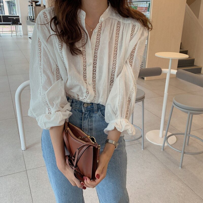 Chic Hollow Out Chiffon Shirt Women Button Up White Blouse Ladies Loose Tops 2022 New Puff Sleeve Korean Fashion Clothing 15400