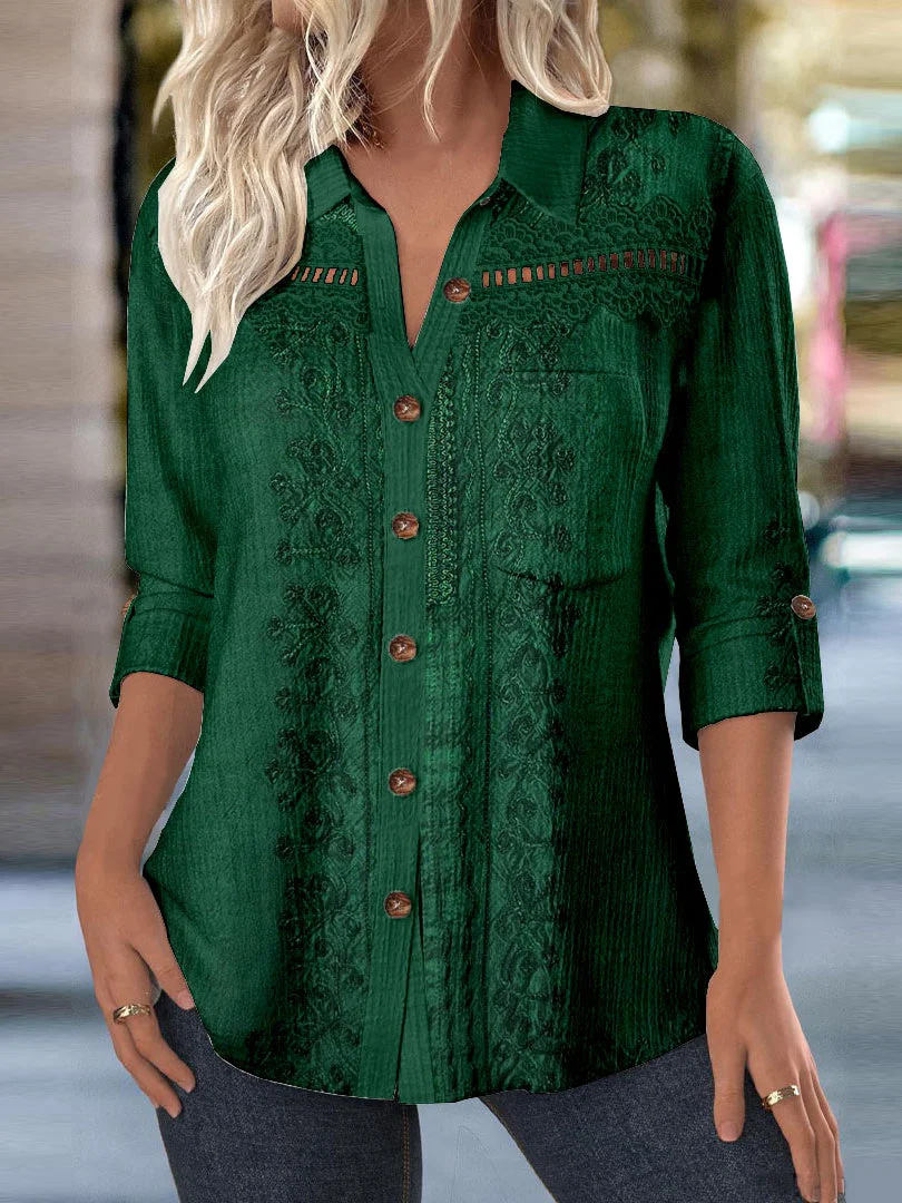 Women 3/4 Sleeve Shirt Collar Floral Printed Graphic Lace Button Pockets Tops