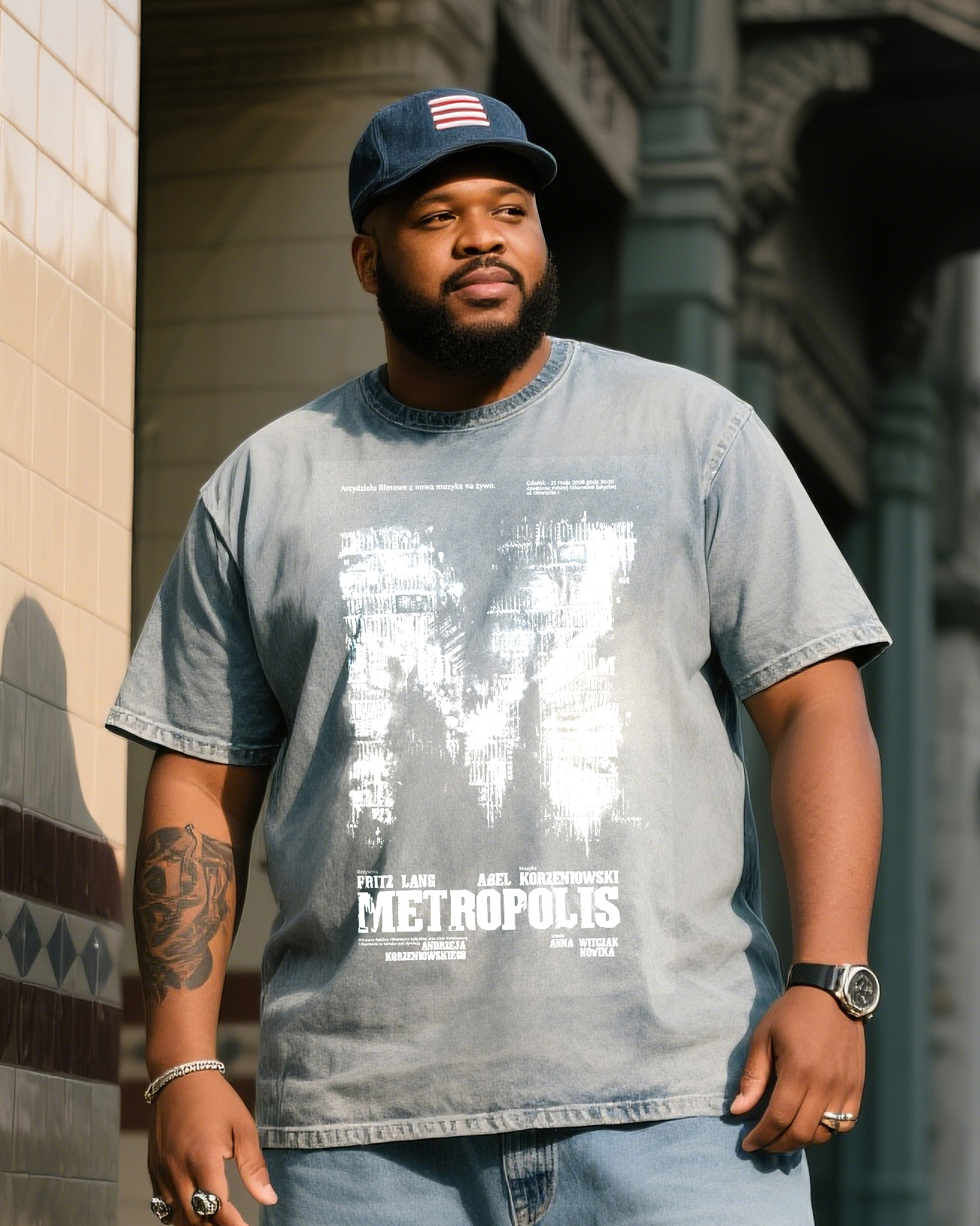 Plus Size Men's Fashion Street Distinctive M Letter Denim Short Sleeve Printed T-Shirt