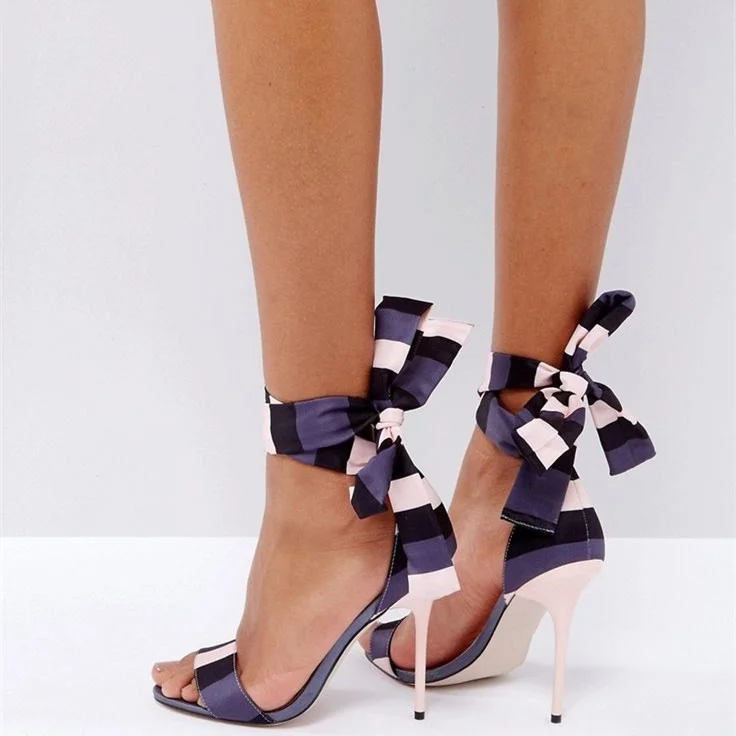 Purple and Ivory Stripe Satin Strappy Sandals Open Toe Stiletto Heels |FSJ Shoes