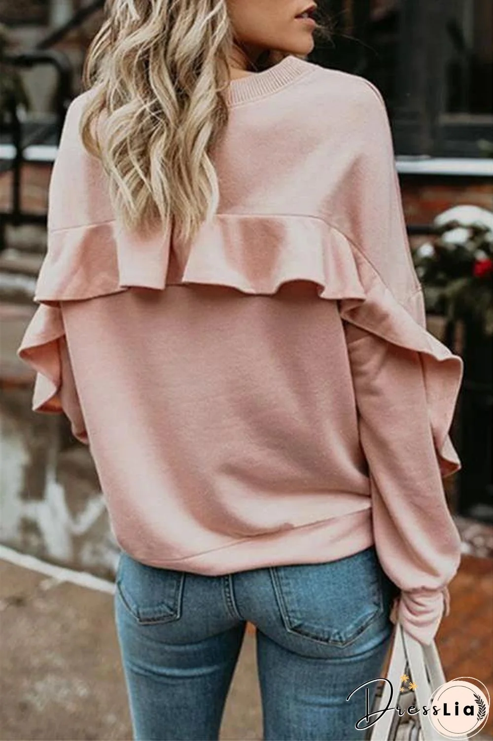 Solid Color Ruffle Round Neck Top