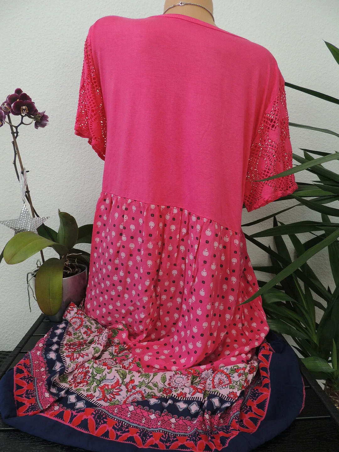 Women Short Sleeve Scoop Neck Floral Printed Lace Stitching Tops