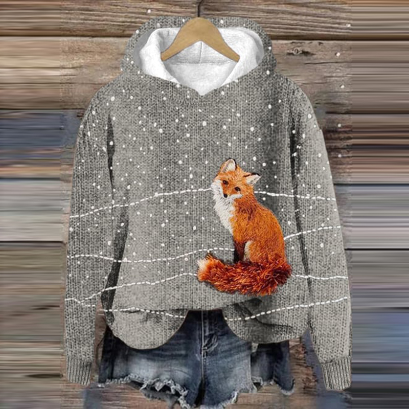 Comstylish Snow Fox Print Print Cozy Knit Hooded Sweater