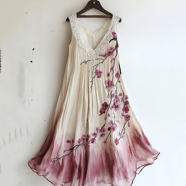 Simpfit Vintage Kirschblüten BlumenDrucken Farbverlauf Art Bequemes Tankkleid