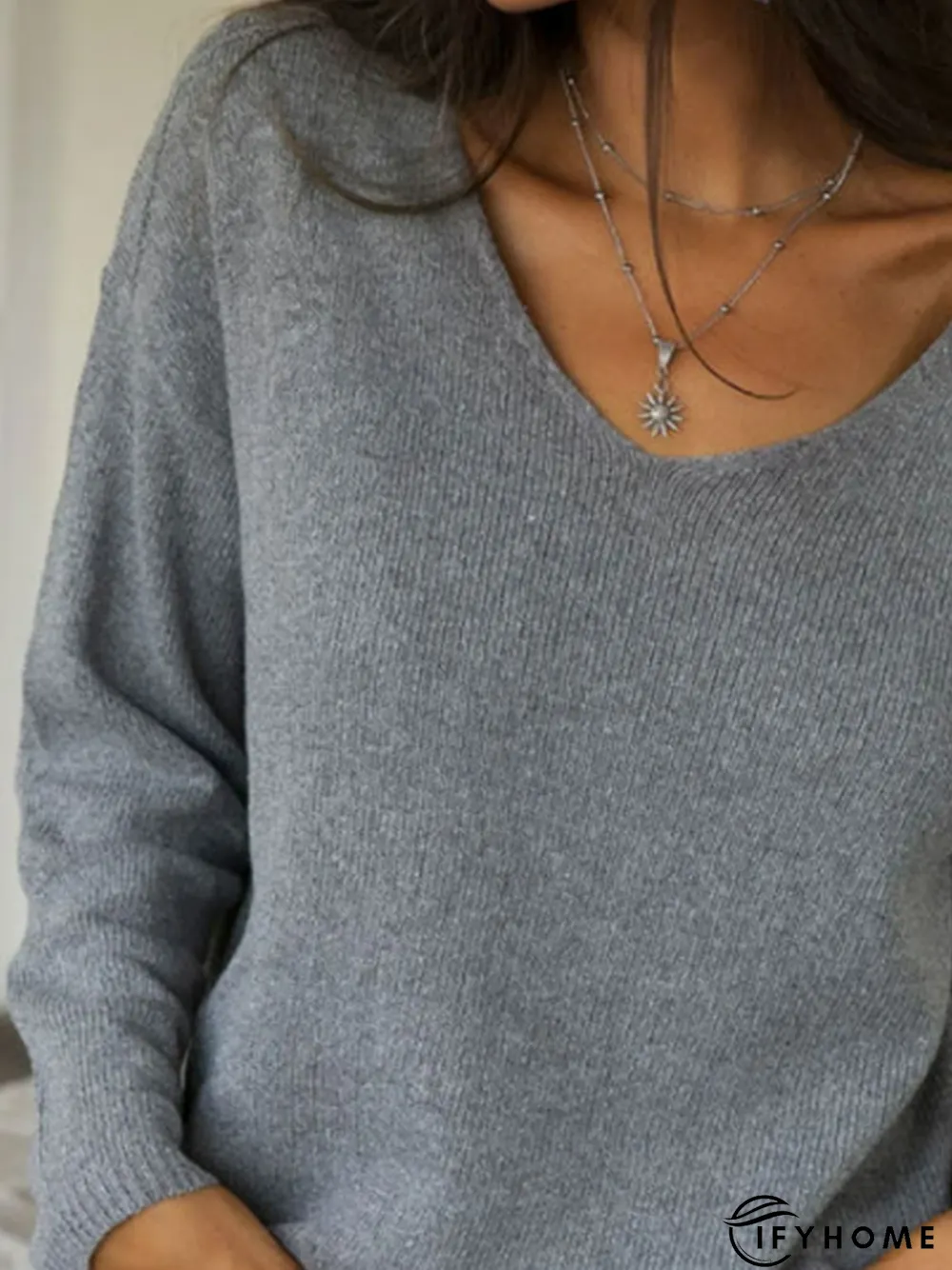 Long sleeve V-neck plain patterned basic stretch sweater for warmth | IFYHOME