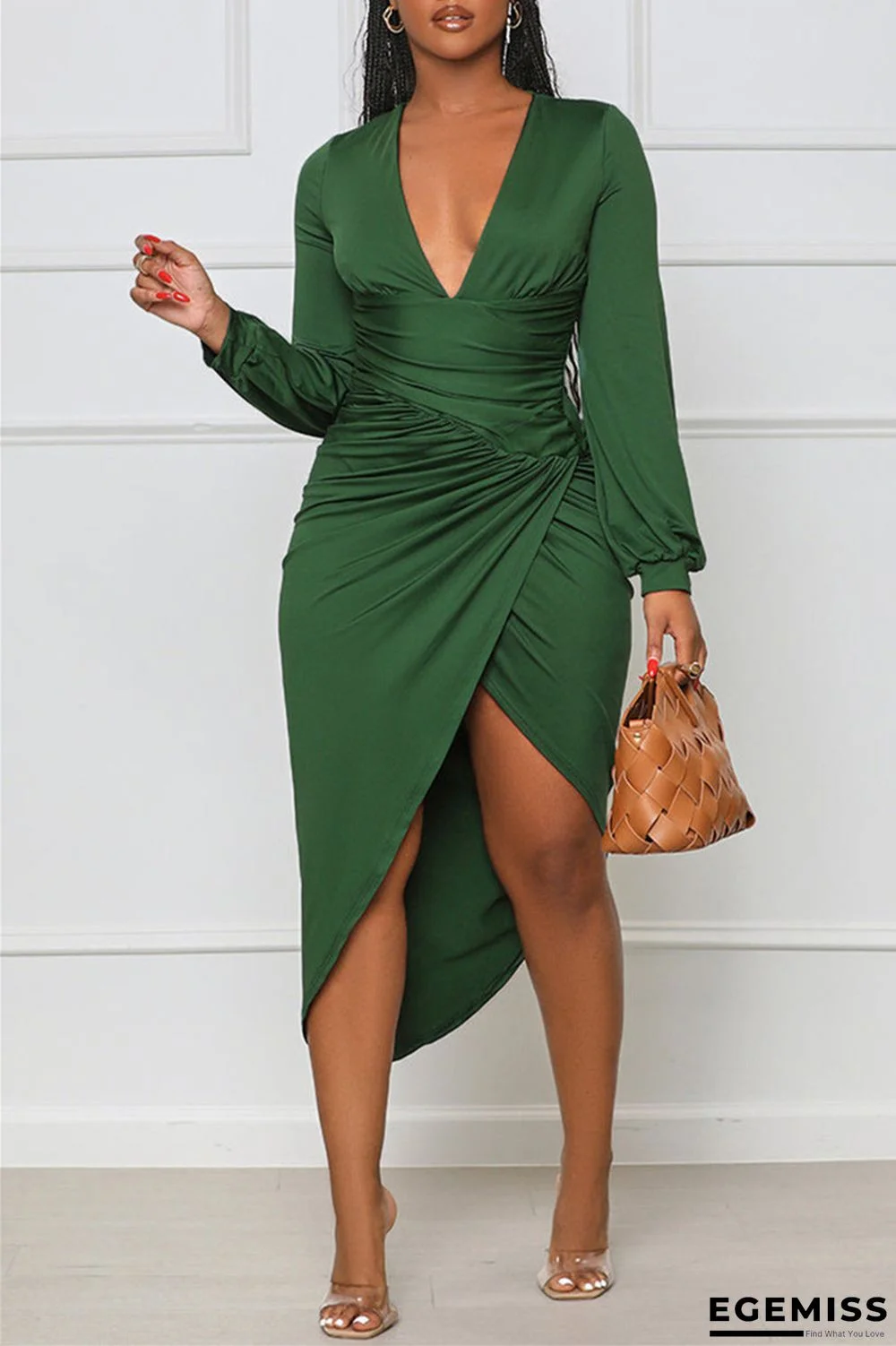 Green Casual Solid Patchwork Fold V Neck Long Sleeve Dresses | EGEMISS