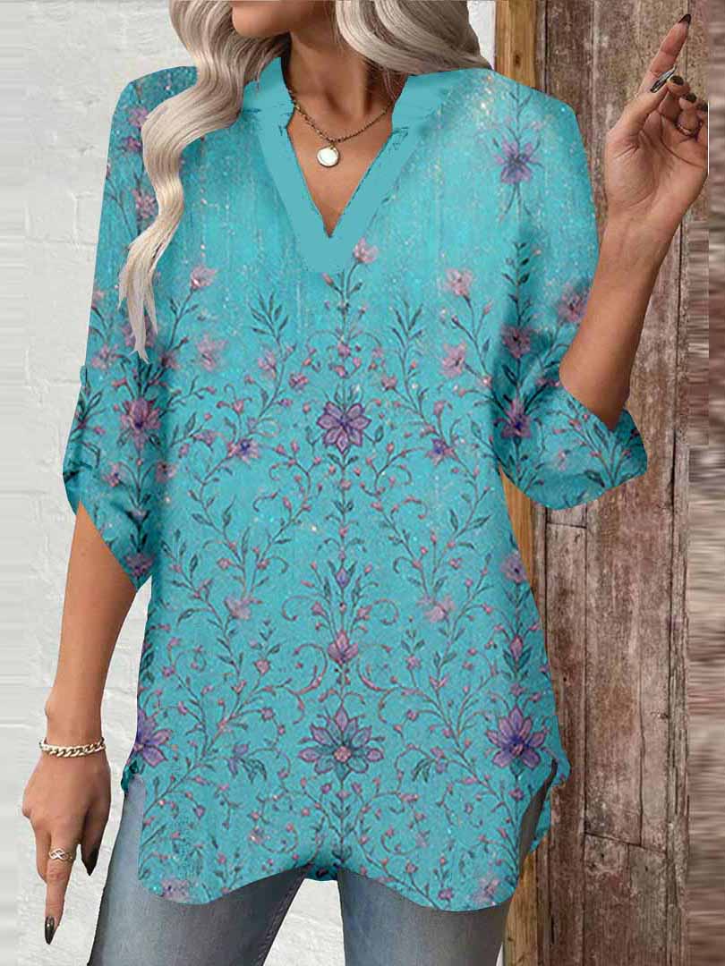 Women Glitter,Floral,Blue DZGA0004 3/4 Sleeve V-neck Printed Graphic Button Tops