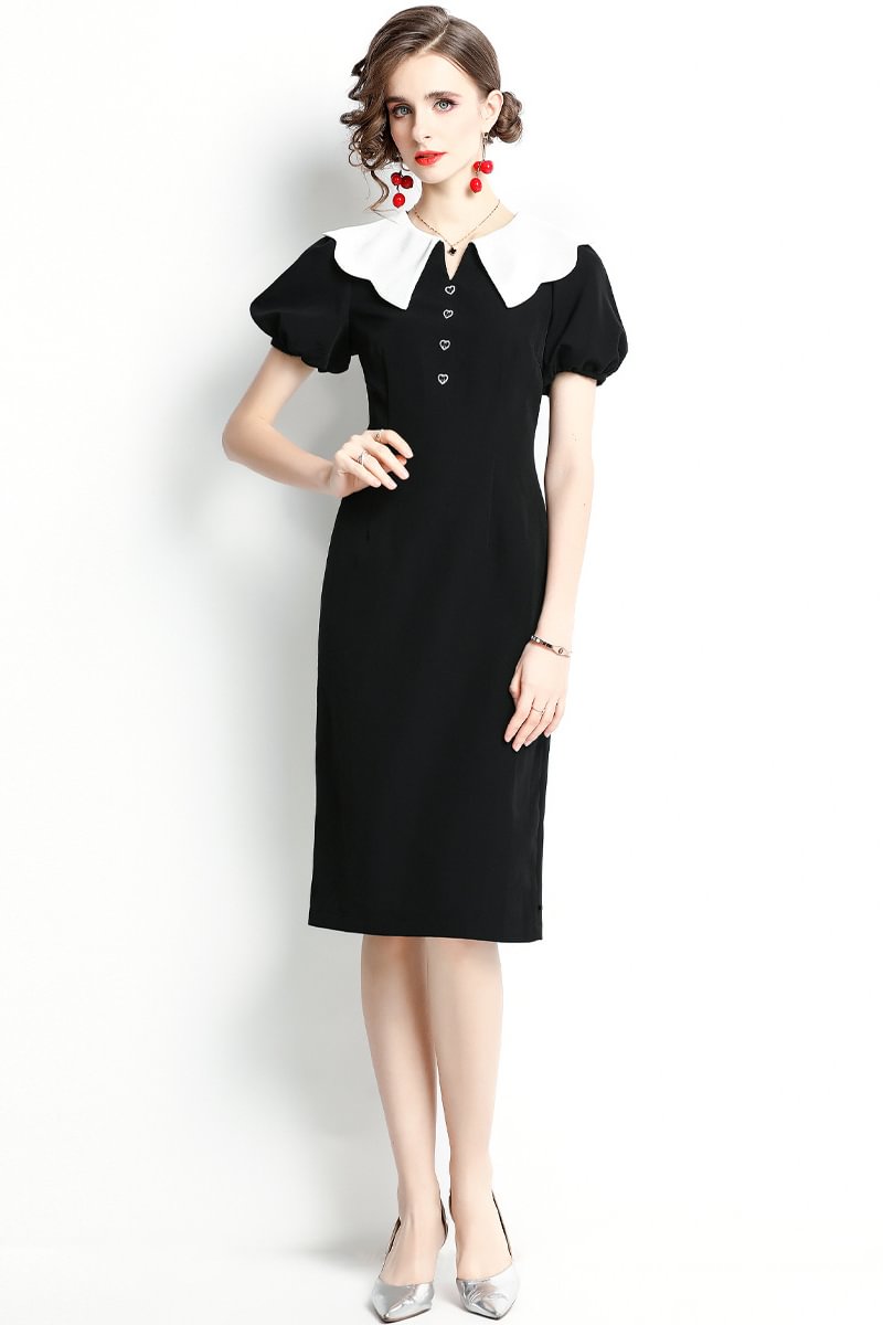 1950s Black Formal Doll Collar Lantern Sleeve Midi Dress
