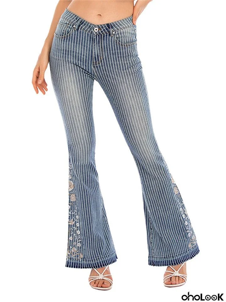 Women's Fashion Washed Effect Embroidery Striped Flared Jeans